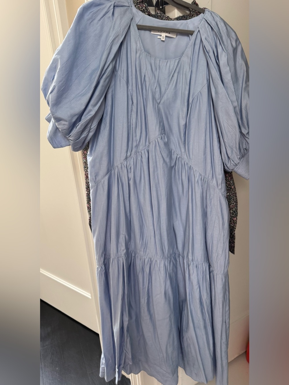 Frame Denim Sky Blue Puff Sleeve Tiered Midi Dress